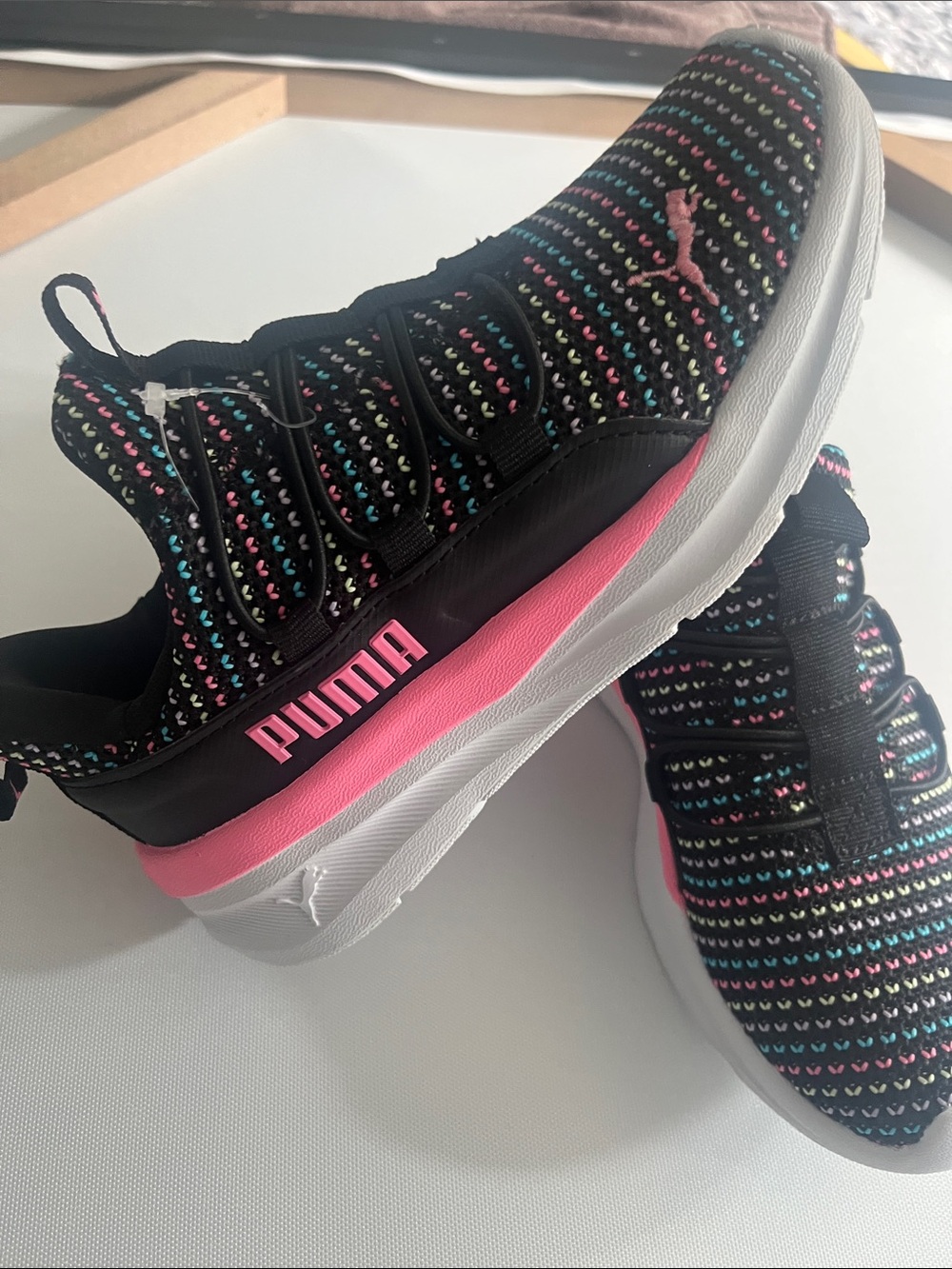 Puma Kids Black Knit Slip-On Sneakers with Pink Accents